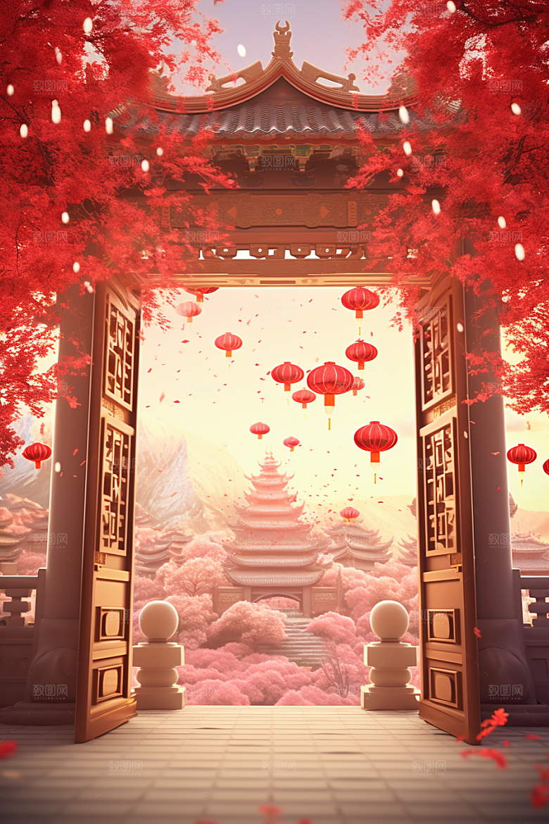 中式传统门楼直播开业背景图