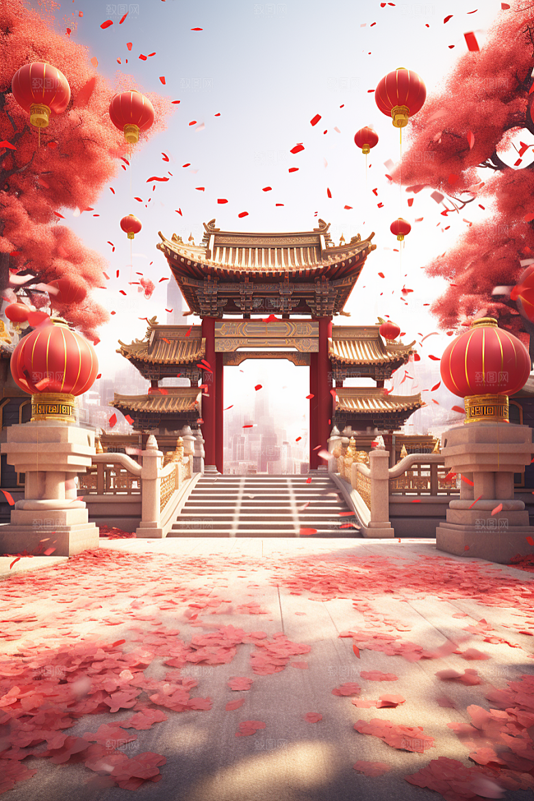 中式传统门楼火热喜庆背景图