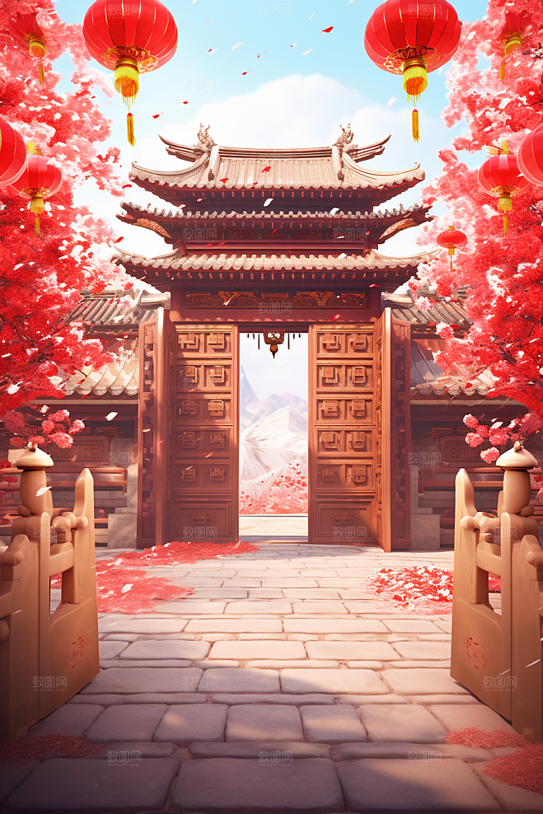 中式传统门楼开业国潮背景图