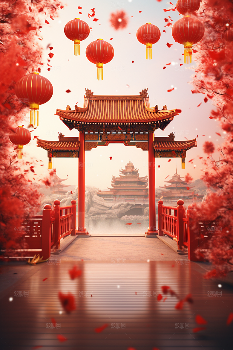 中式传统门楼直播国潮背景图