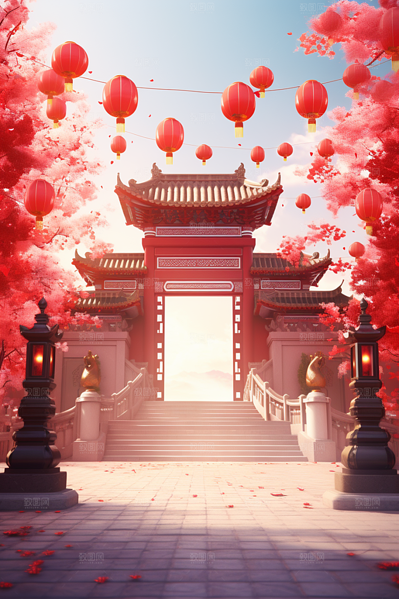中式传统门楼开业国潮背景图