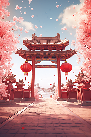中式传统门楼开业开门红背景图