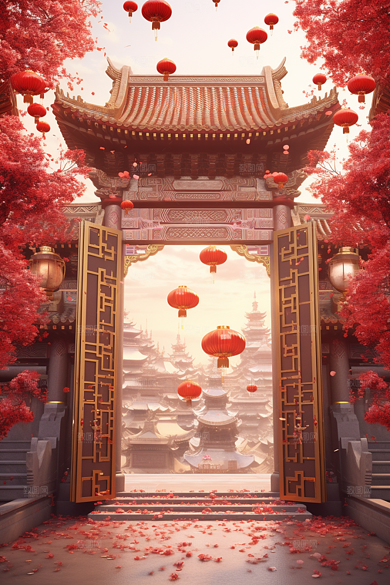 中式传统门楼国潮开业大吉背景图