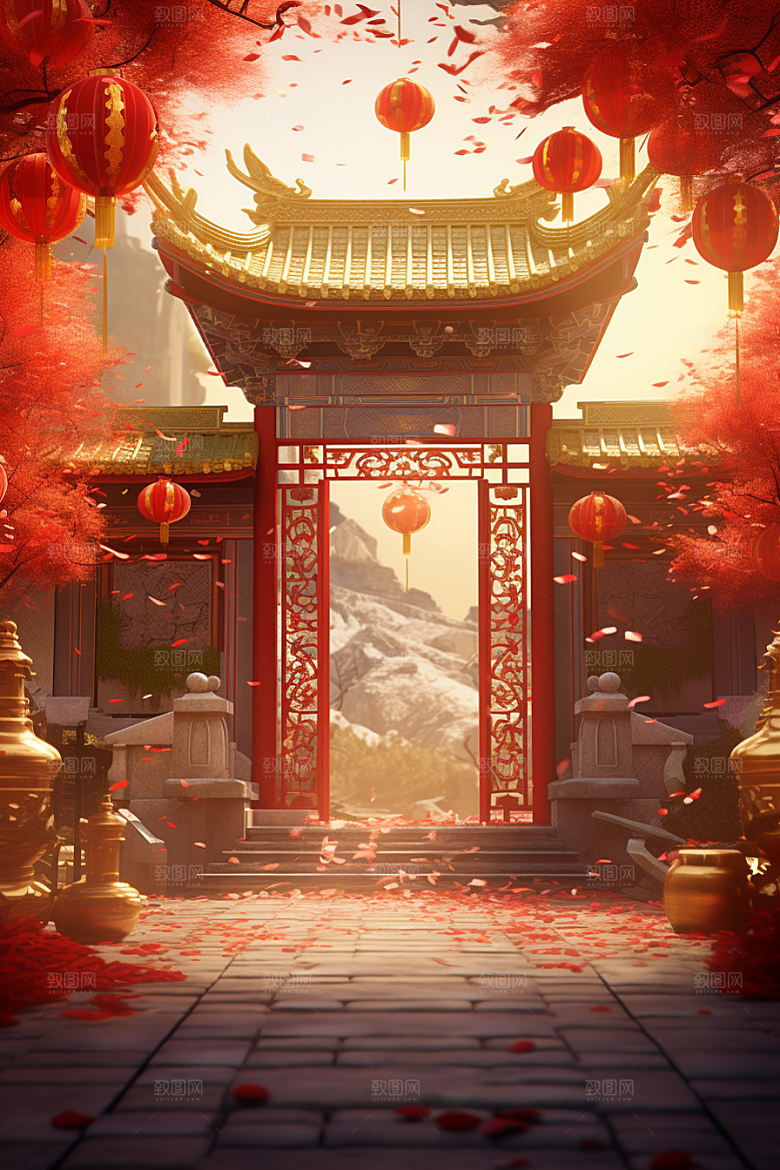 中式传统门楼国潮直播背景图