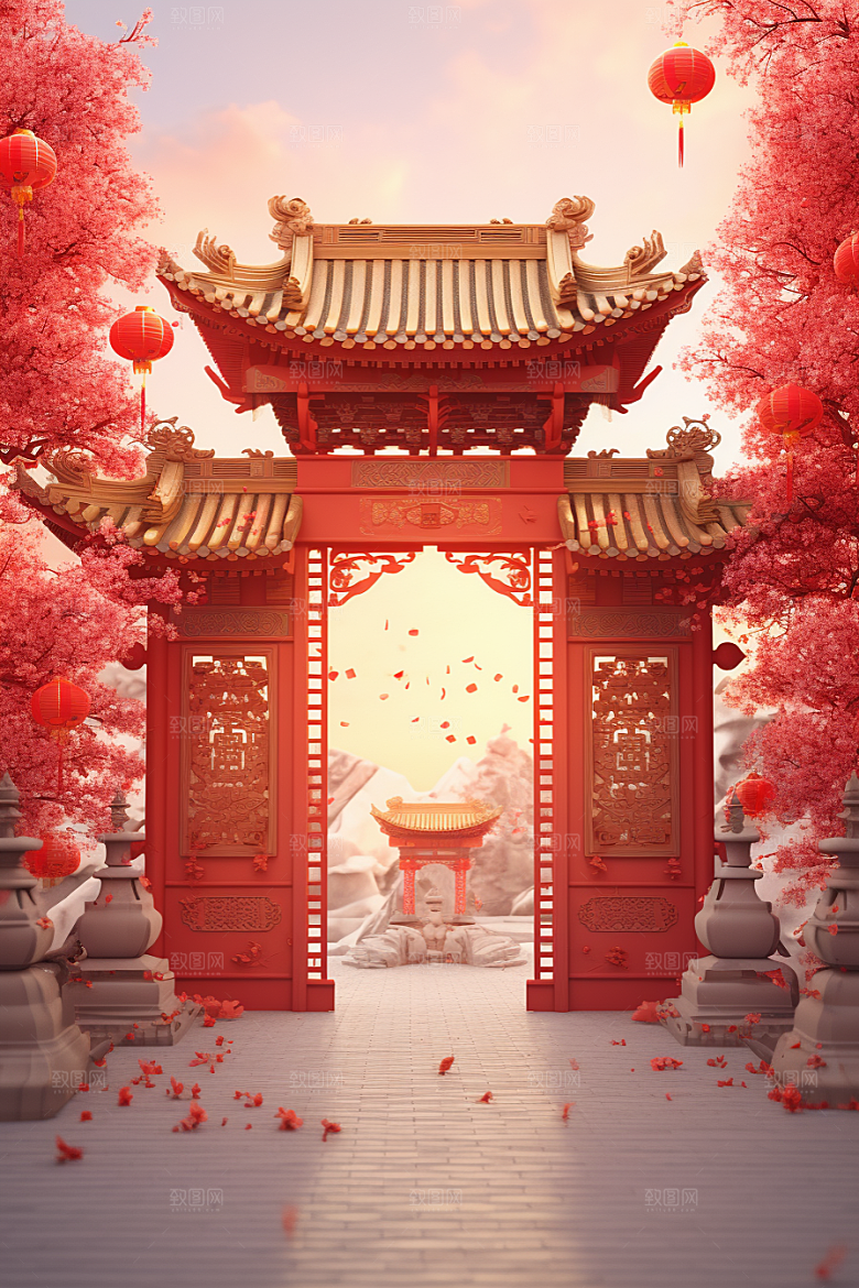 中式传统门楼中国风开业大吉背景图