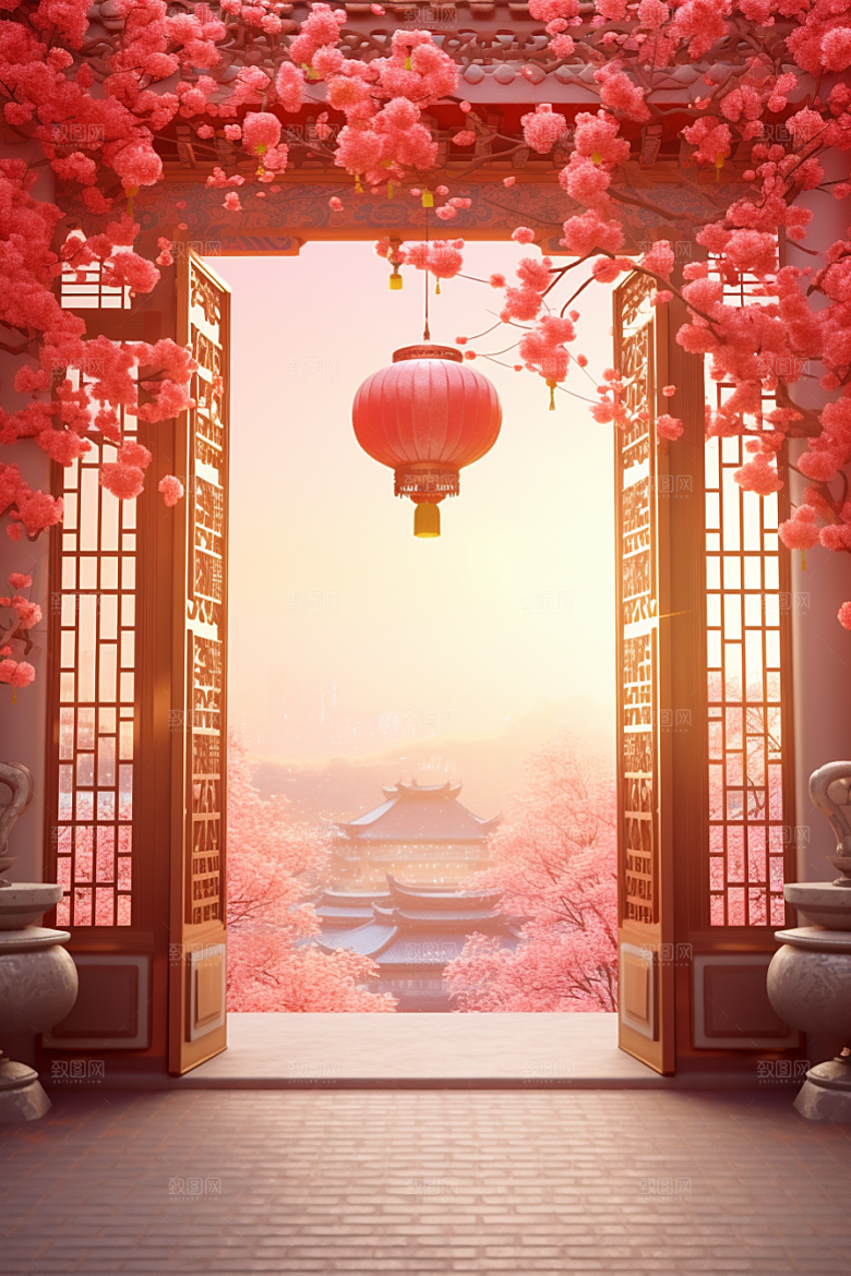中式传统门楼开业国潮背景图