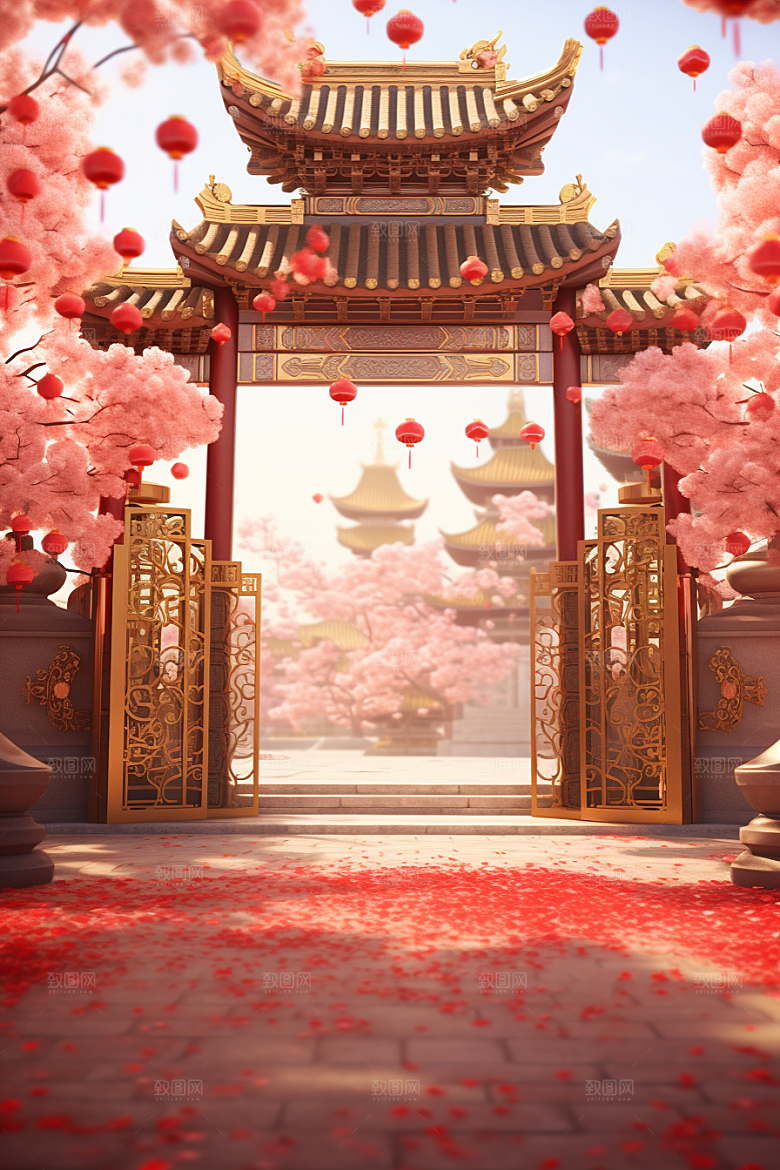 中式传统门楼直播开门红背景图