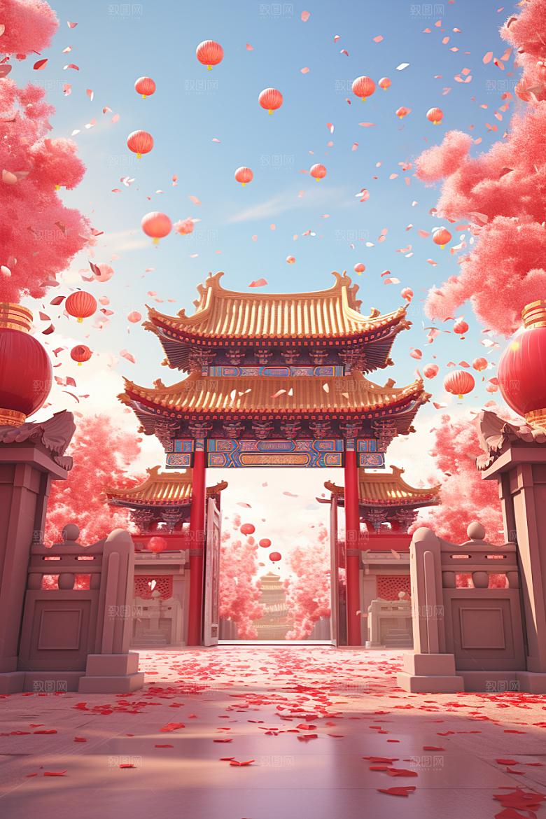 中式传统门楼中国风喜庆背景图