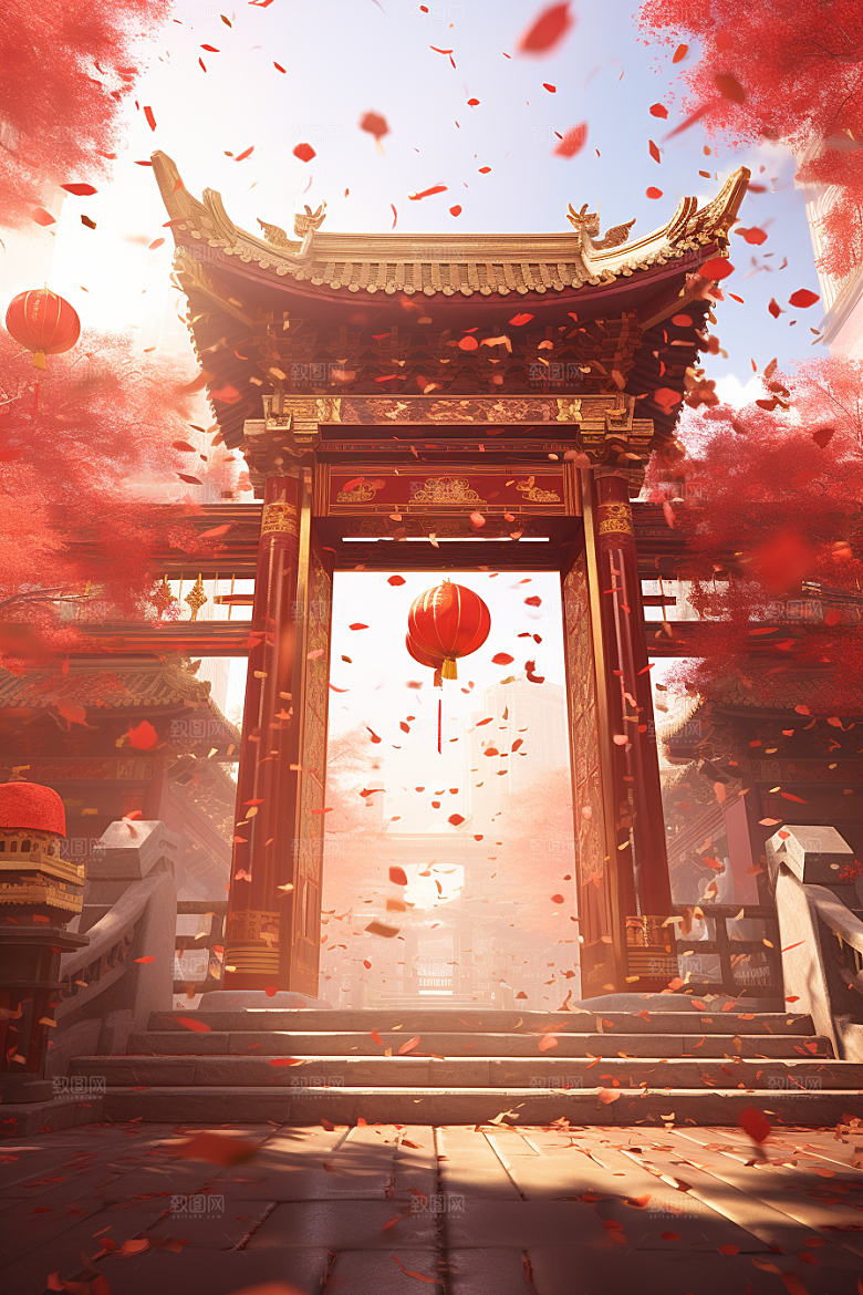 中式传统门楼中国风开门红背景图
