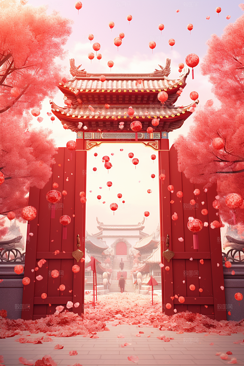 中式传统门楼开门红开业大吉背景图