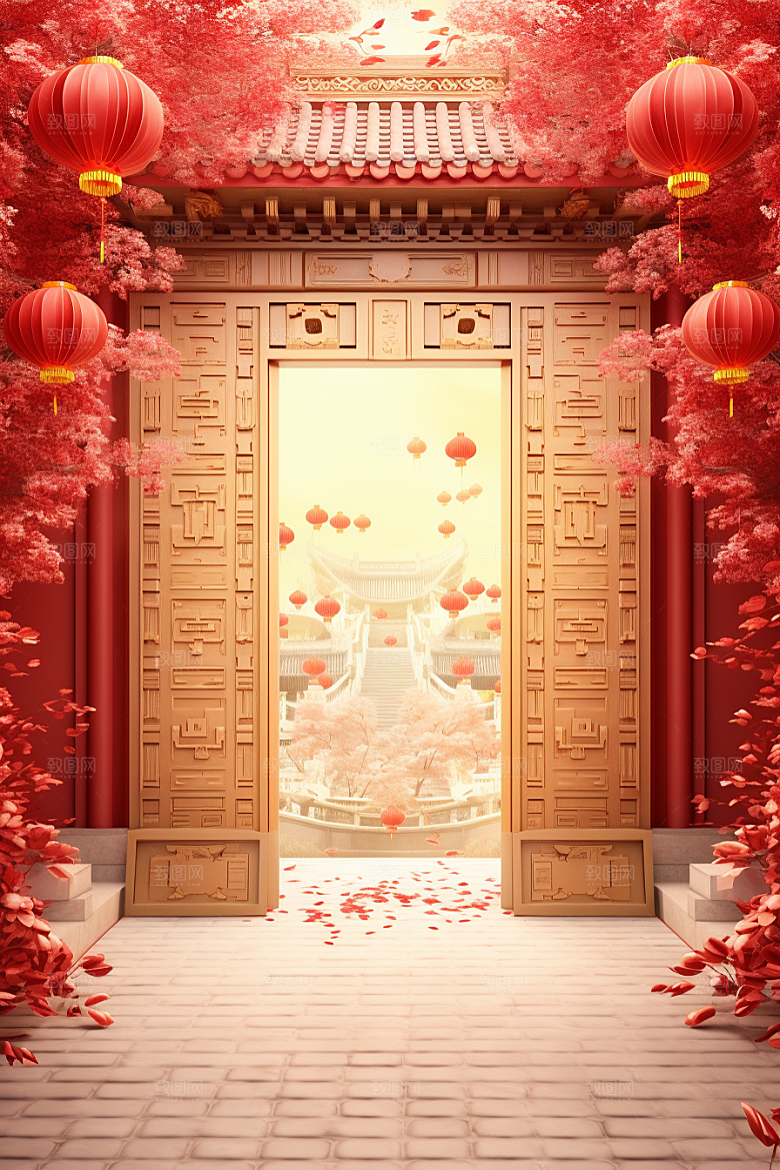 中式传统门楼开业促销背景图