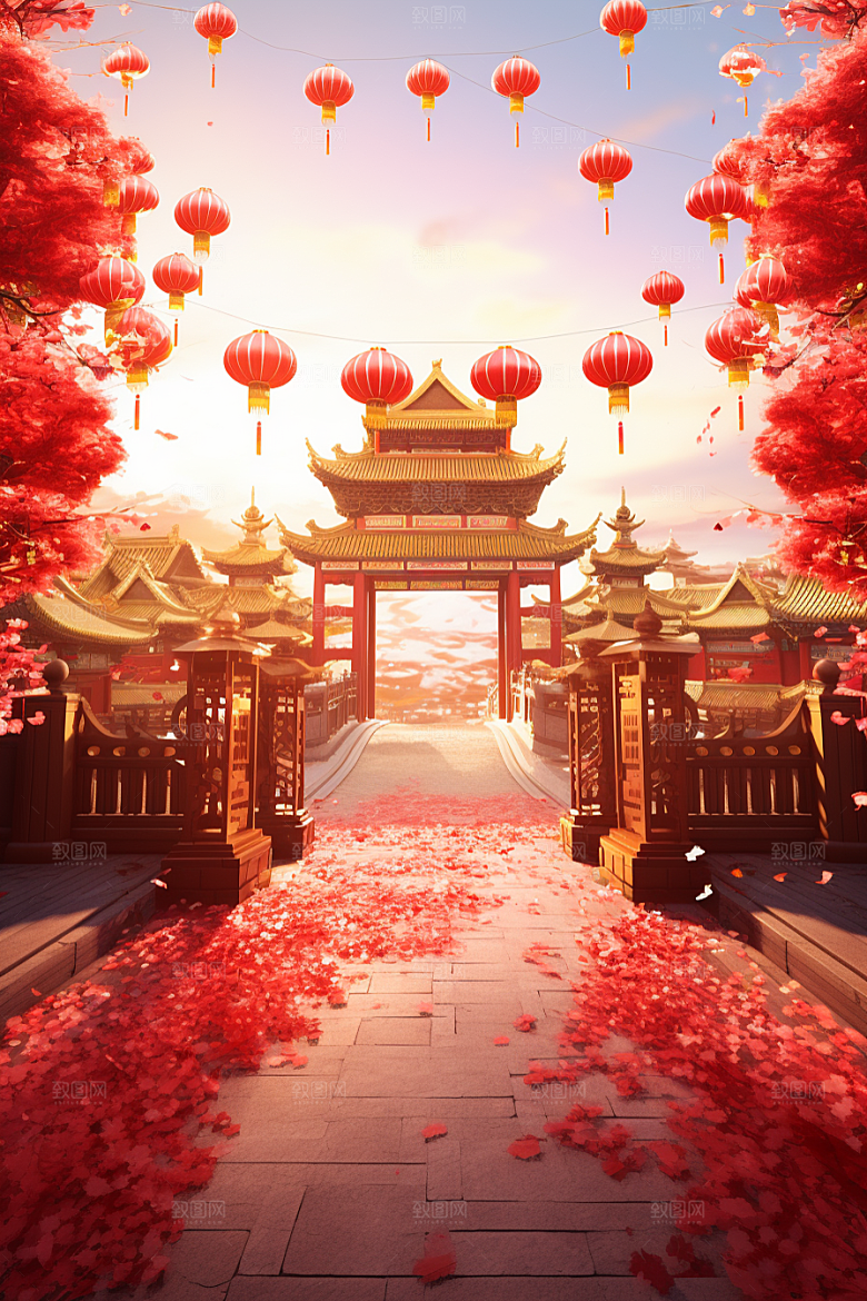中式传统门楼开业开门红背景图