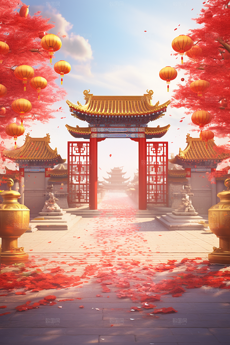 中式传统门楼火热促销背景图