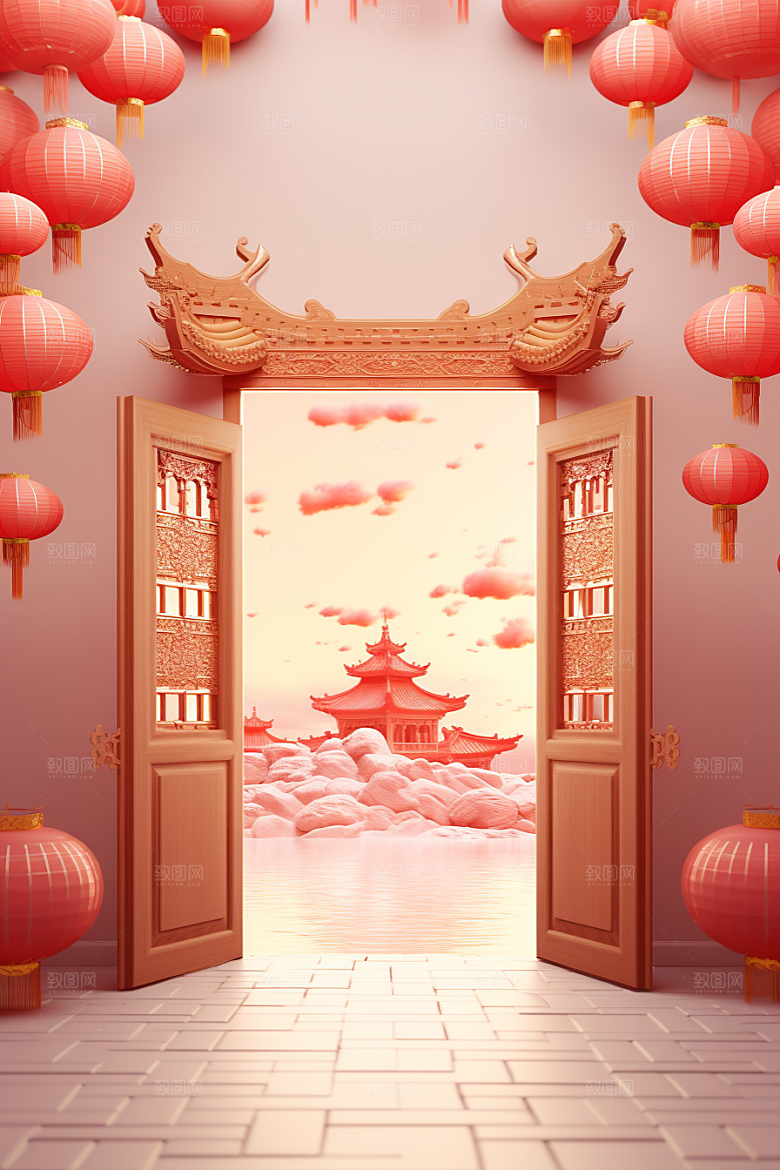 中式传统门楼中国风火热背景图