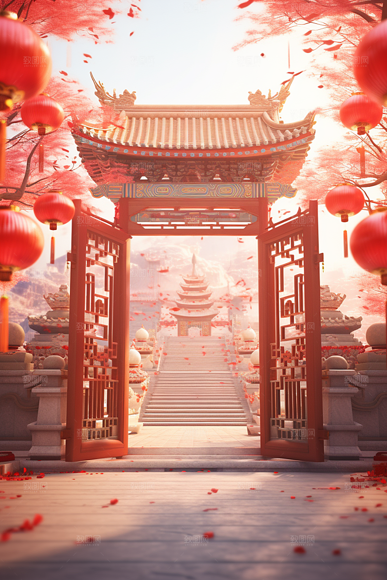 中式传统门楼开门红直播背景图