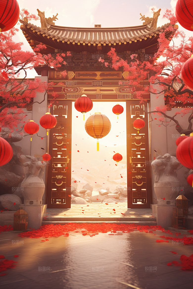 中式传统门楼热卖开业大吉背景图