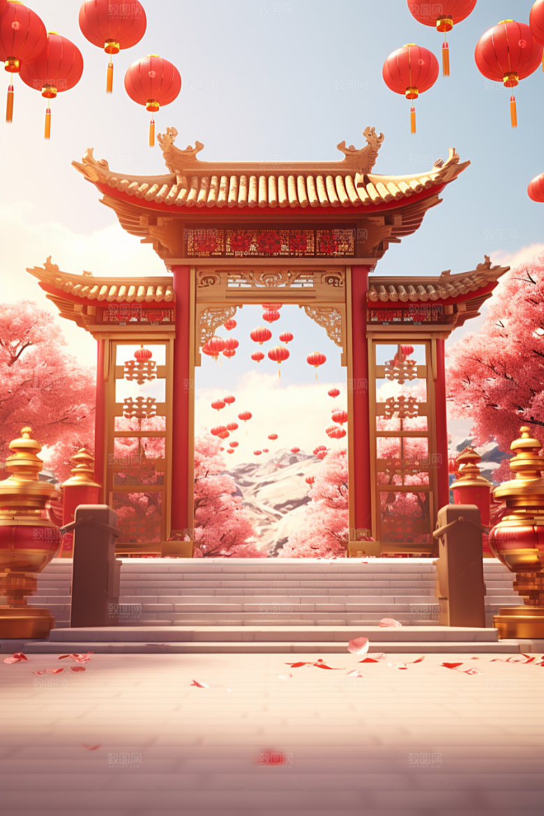中式传统门楼中国风喜庆背景图