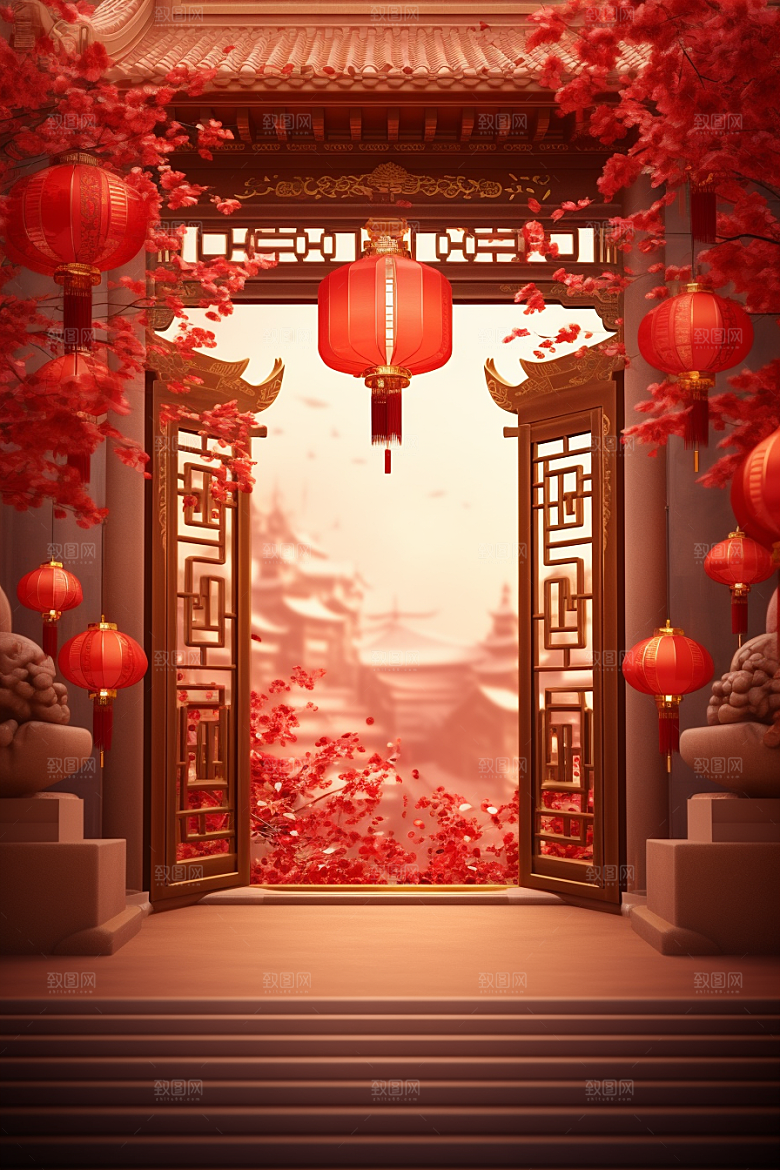 中式传统门楼开门红火热背景图