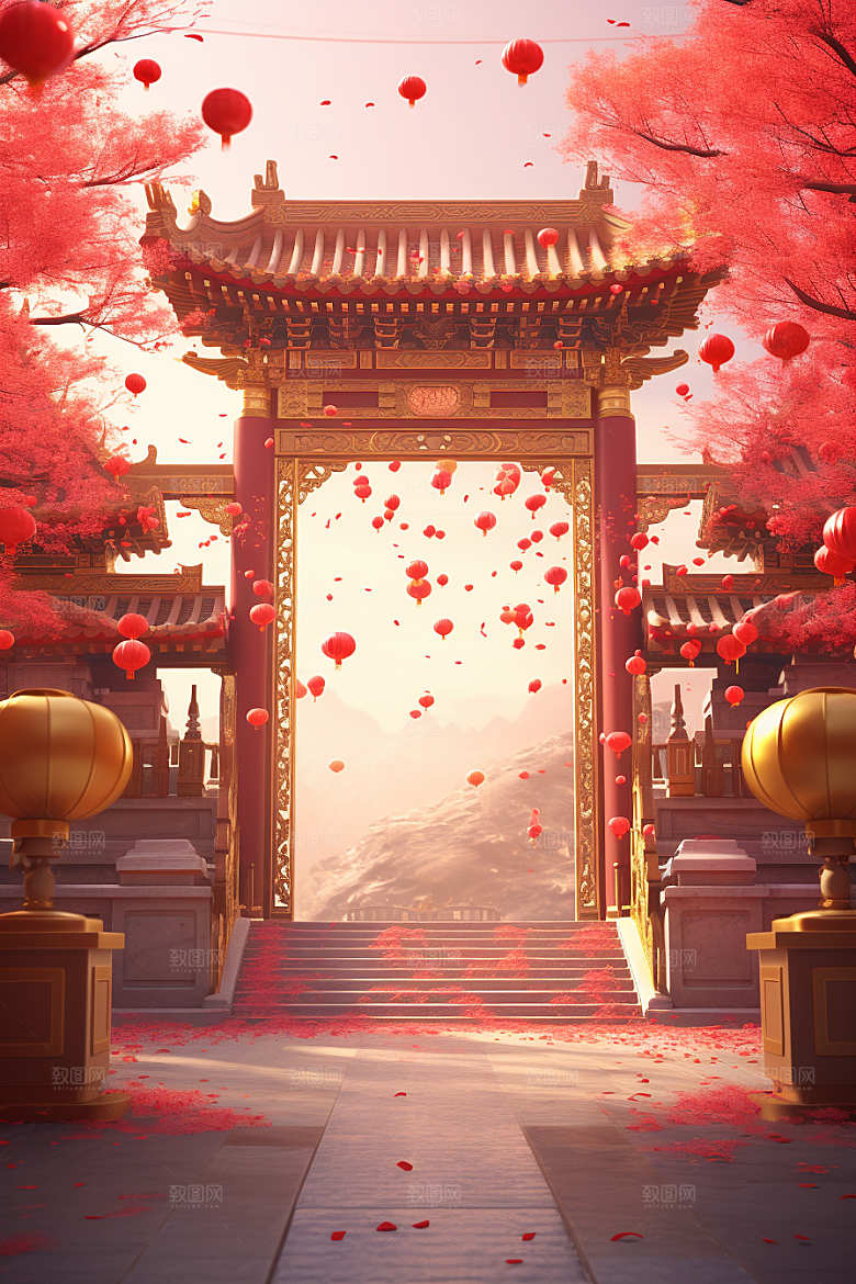 中式传统门楼直播火热背景图