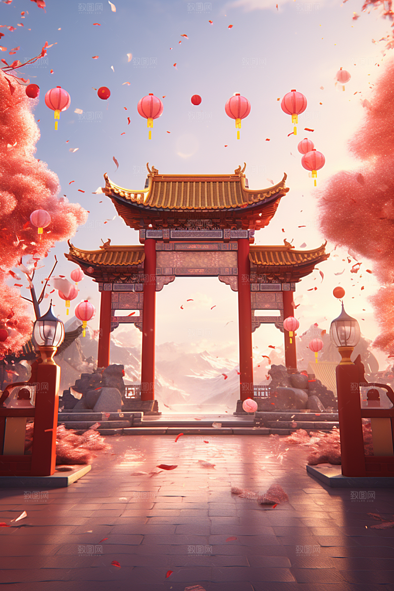 中式传统门楼开业大吉喜庆背景图