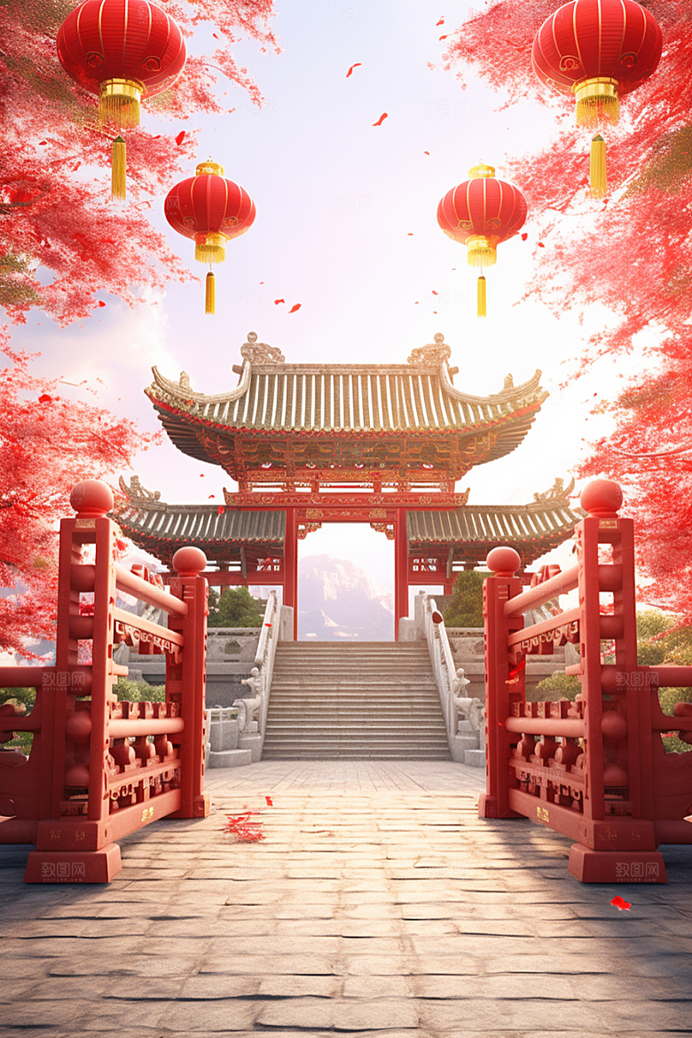 中式传统门楼开业大吉开业背景图
