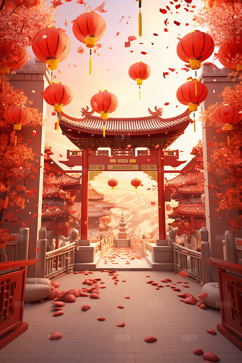 中式传统门楼喜庆国潮背景图