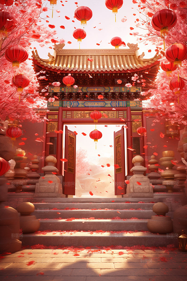 中式传统门楼促销喜庆背景图