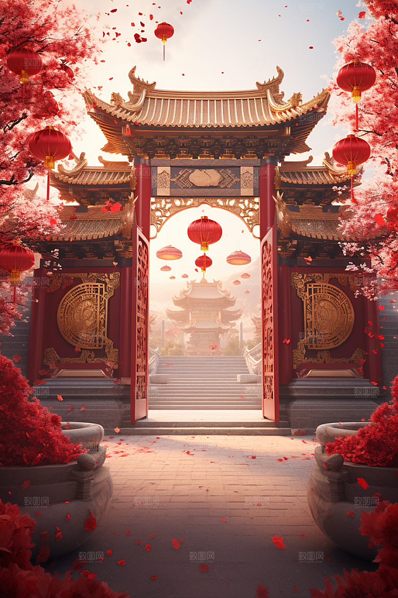 中式传统门楼开门红国潮背景图