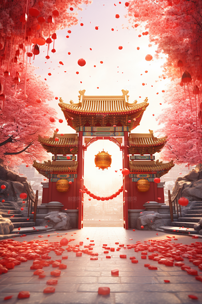 中式传统门楼开业大吉直播背景图