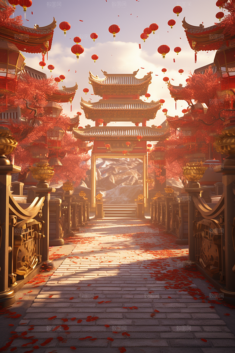 中式传统门楼开业大吉开门红背景图