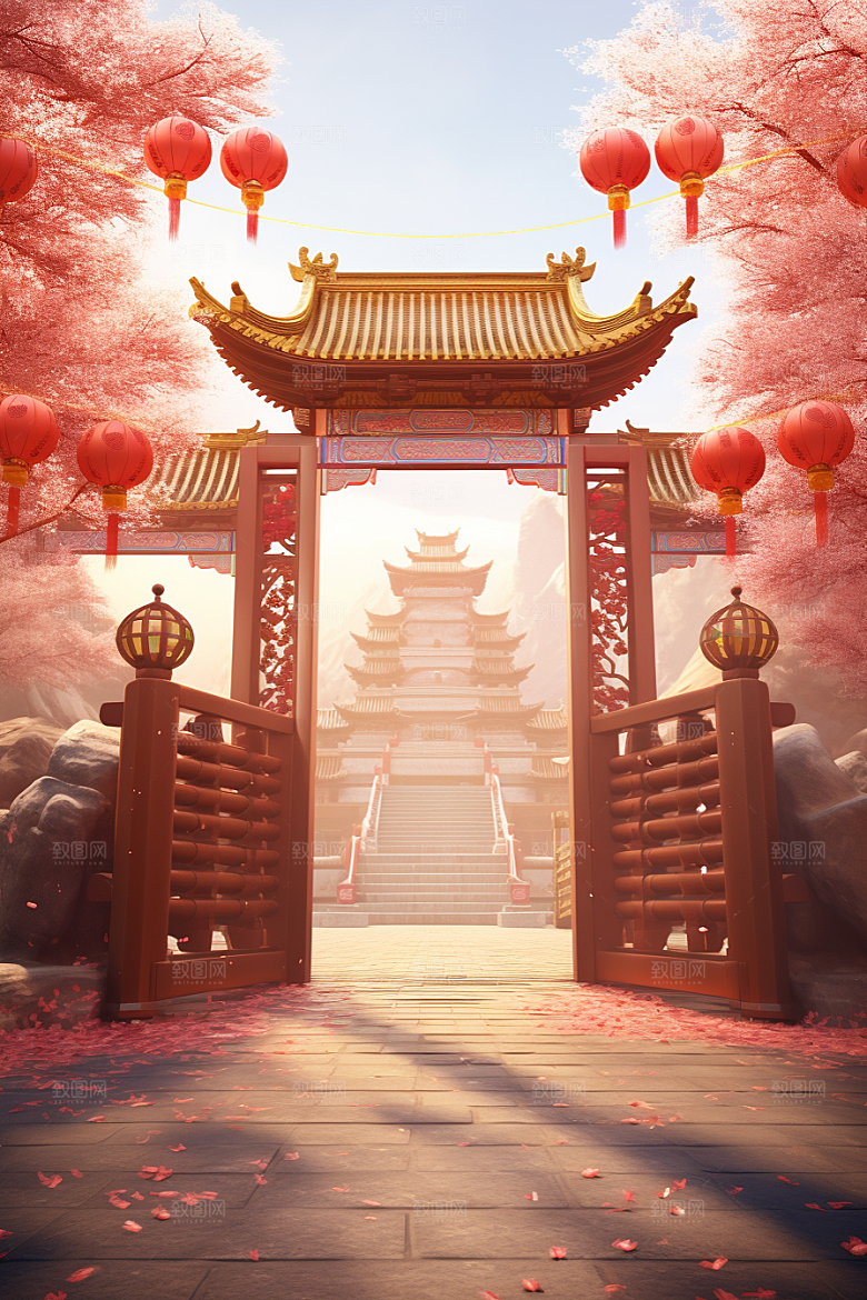 中式传统门楼喜庆开业大吉背景图