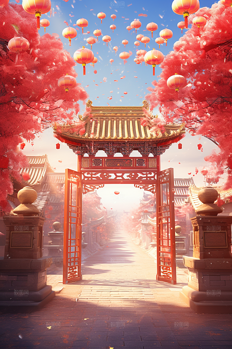 中式传统门楼开门红开业大吉背景图