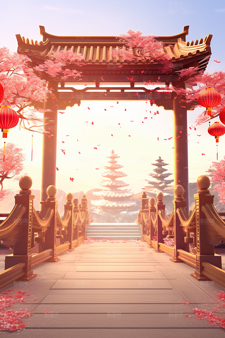 中式传统门楼开业大吉开门红背景图