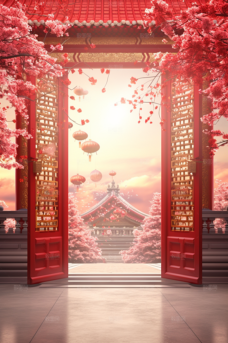 中式传统门楼开业大吉喜庆背景图