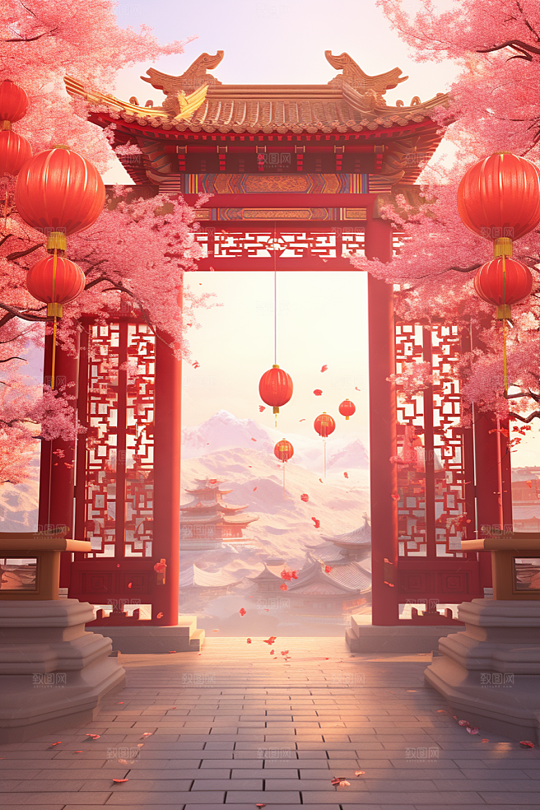 中式传统门楼中国风开业大吉背景图