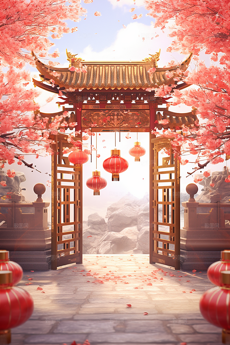 中式传统门楼国潮直播背景图