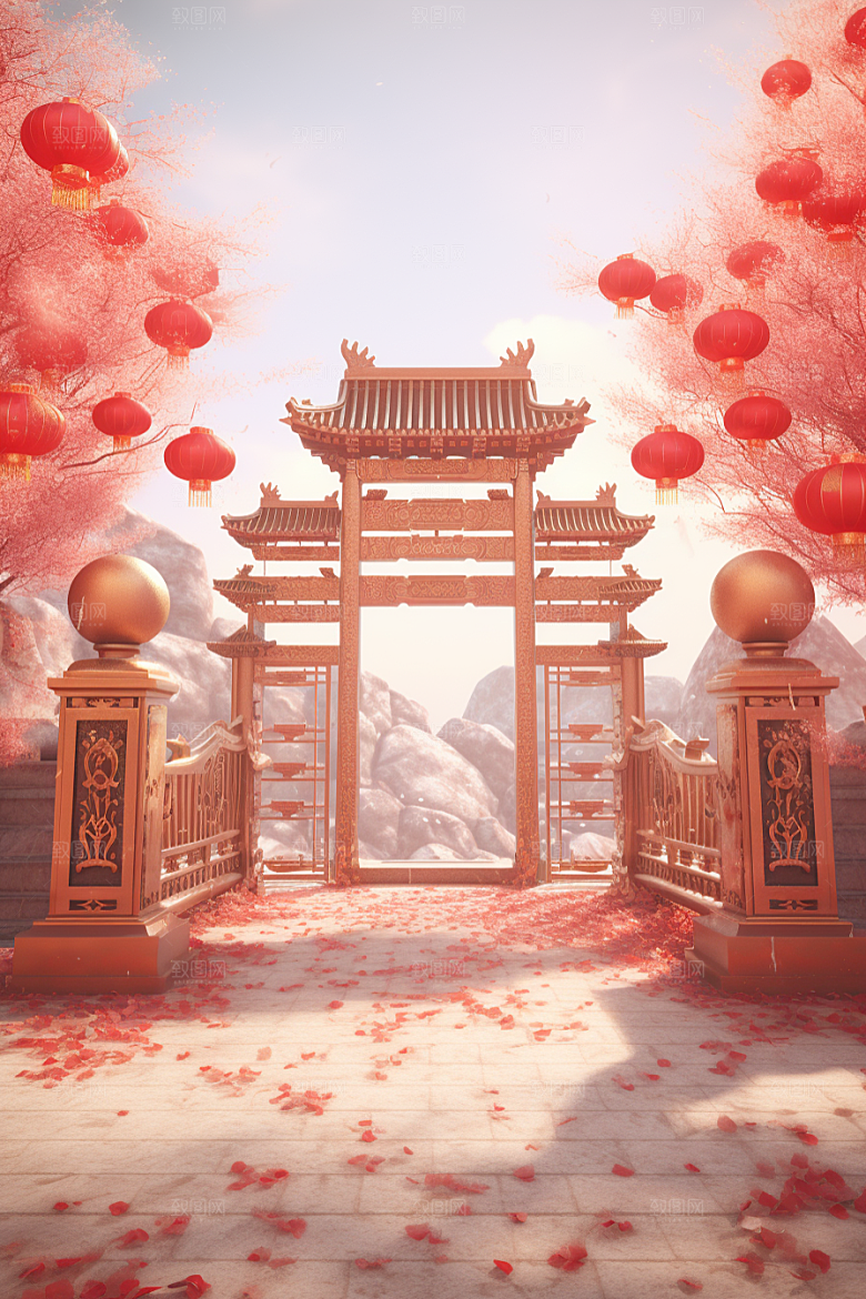 中式传统门楼开门红国潮背景图