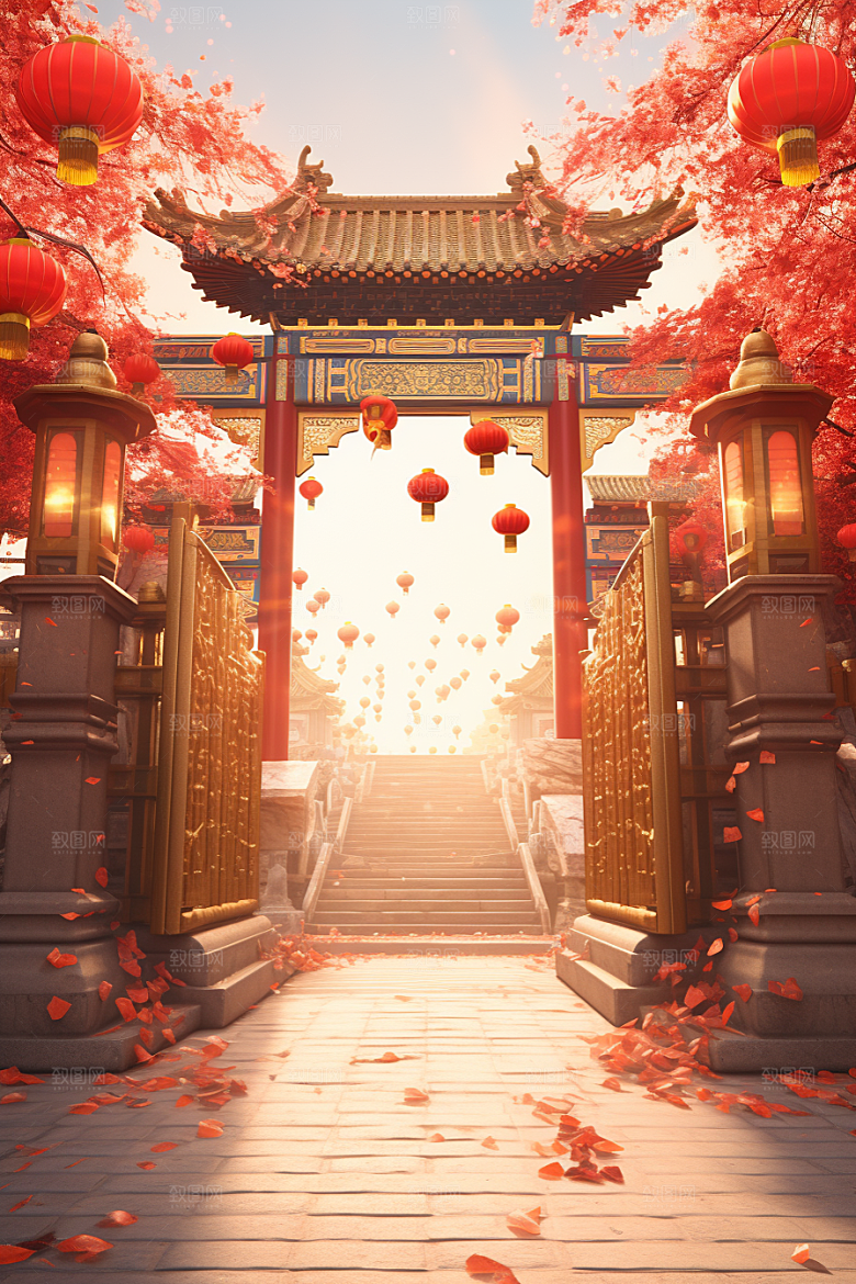 中式传统门楼直播喜庆背景图