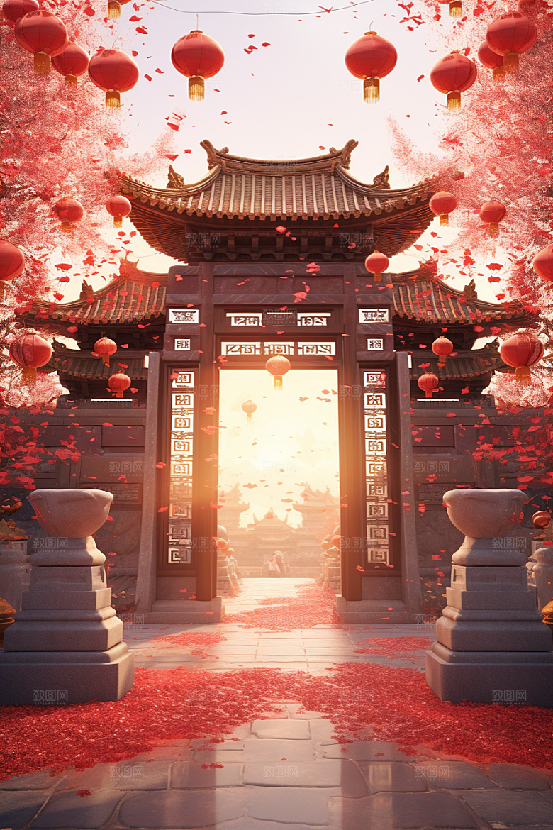中式传统门楼开门红直播背景图