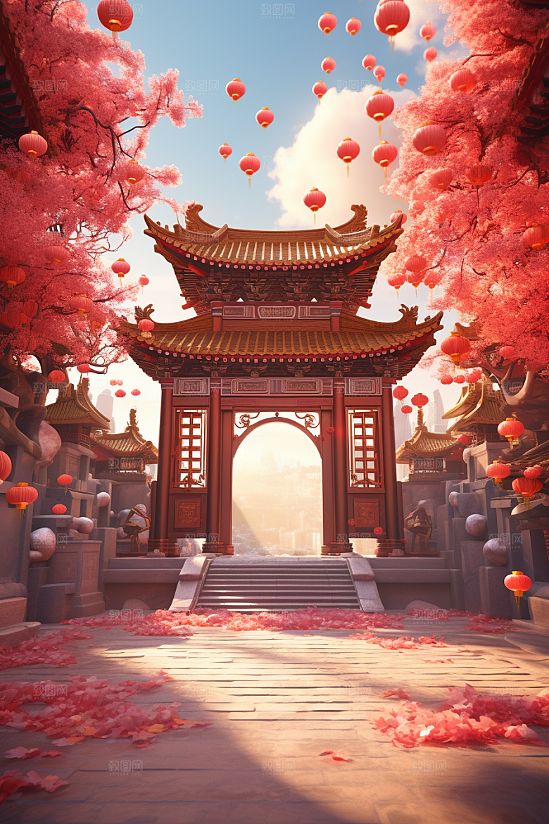 中式传统门楼促销喜庆背景图
