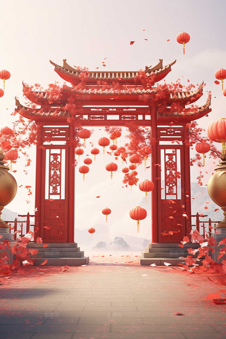 中式传统门楼开门红开业大吉背景图