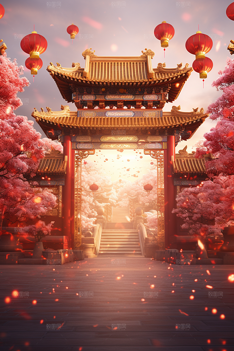 中式传统门楼国潮开门红背景图