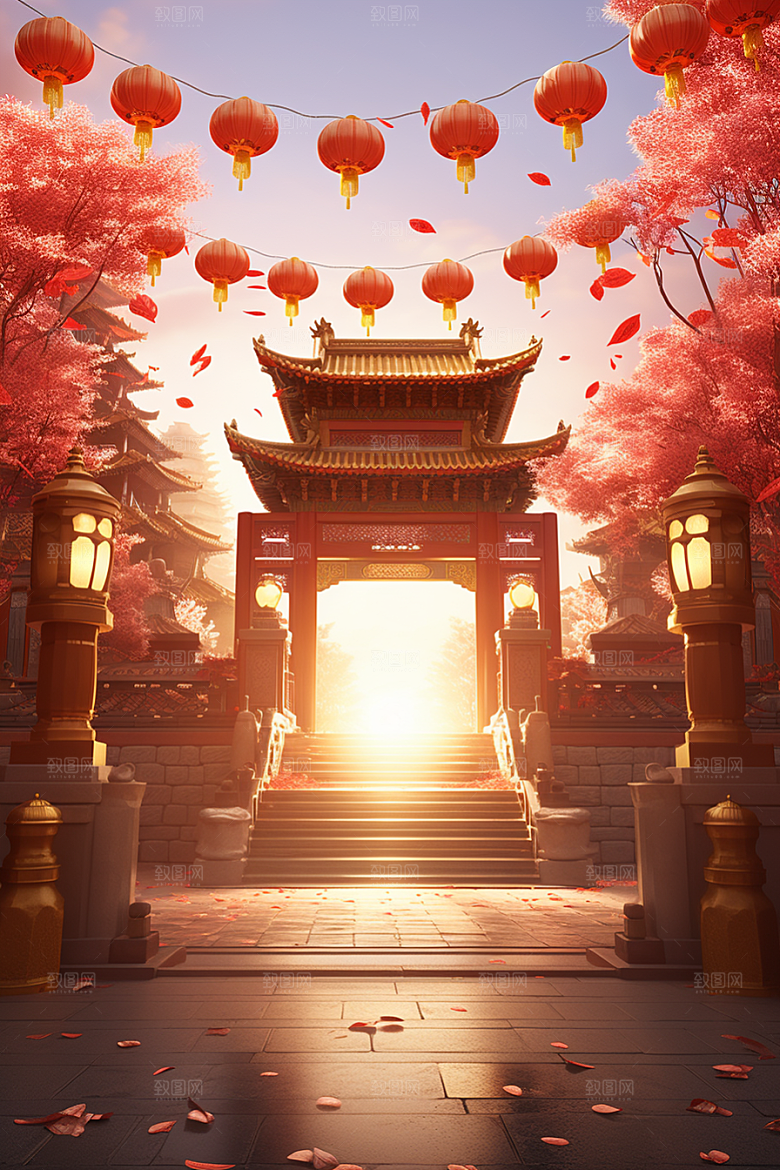 中式传统门楼喜庆开门红背景图
