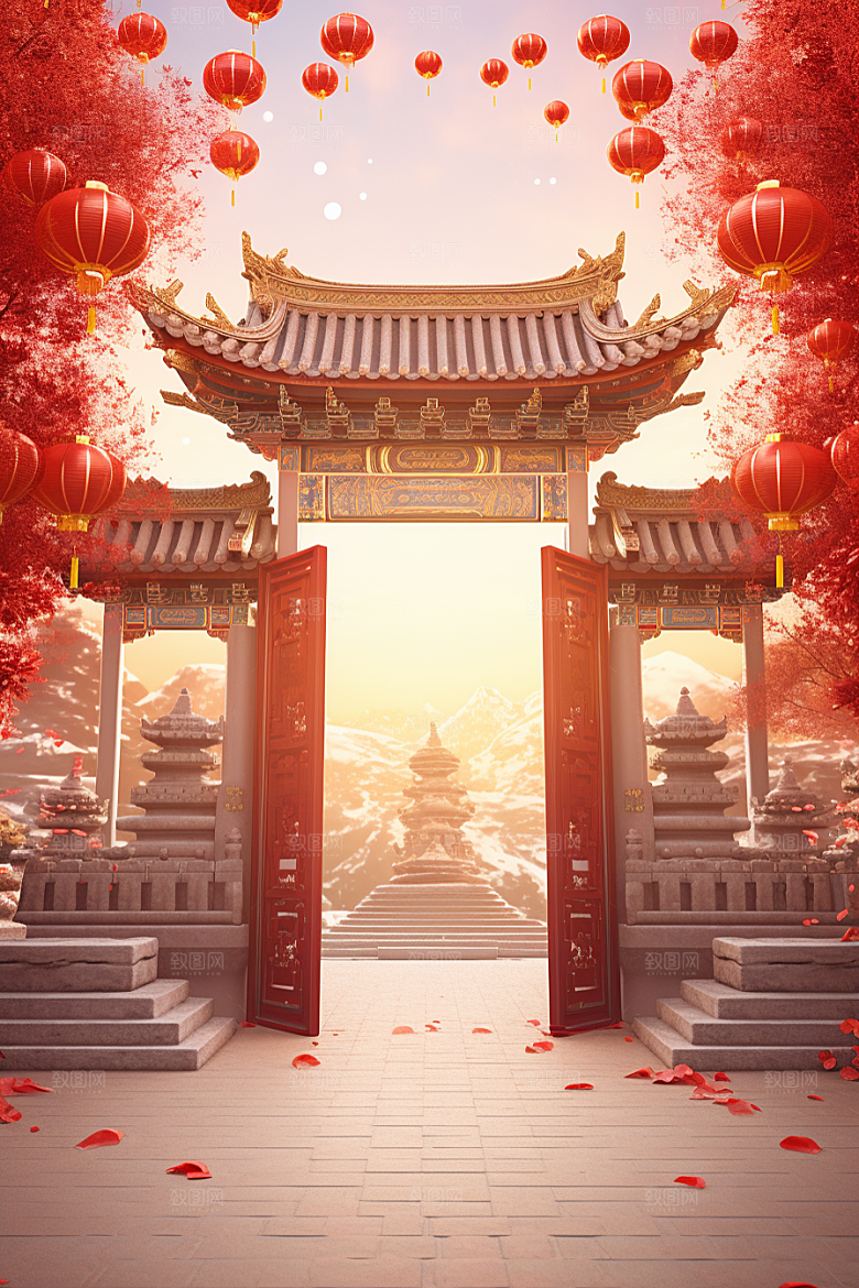 中式传统门楼火热国潮背景图