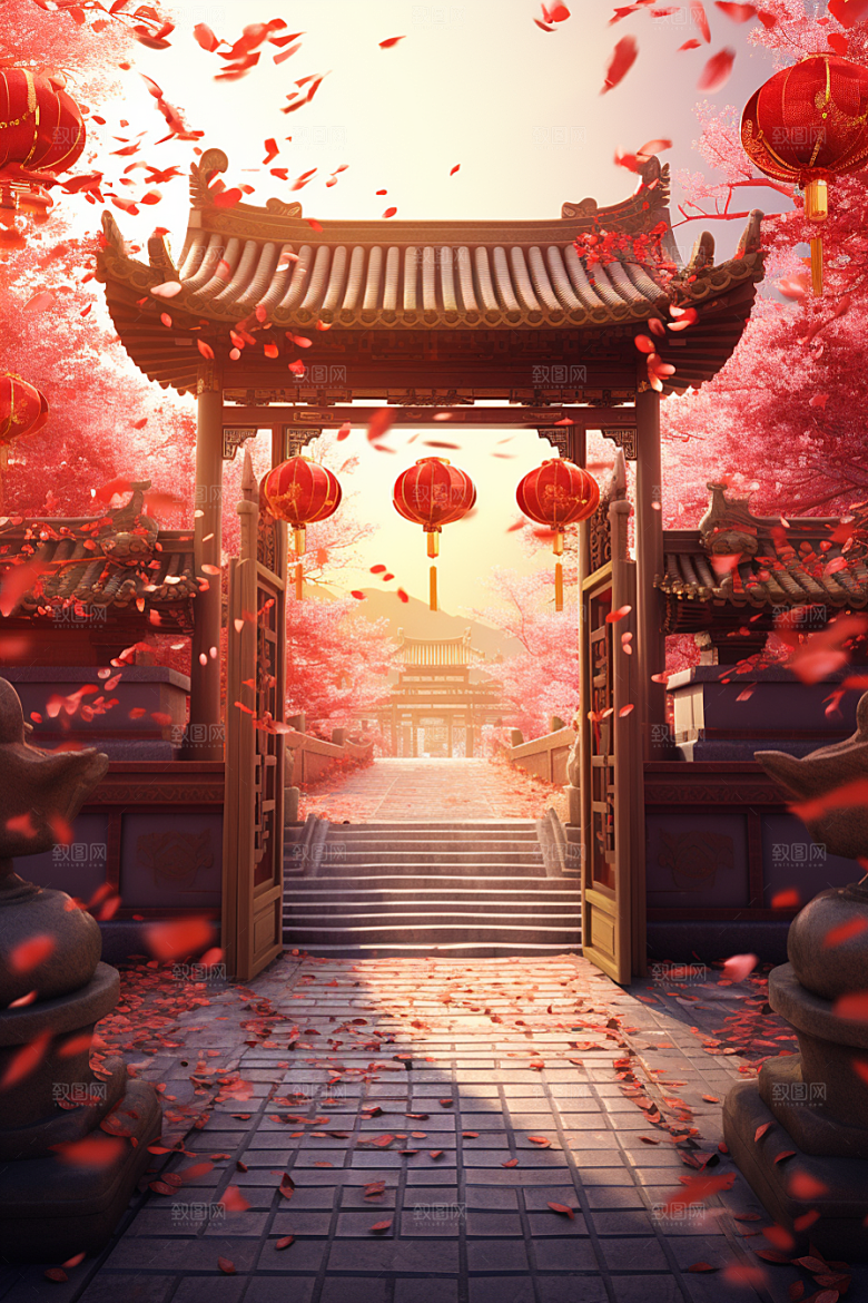 中式传统门楼火热开业大吉背景图