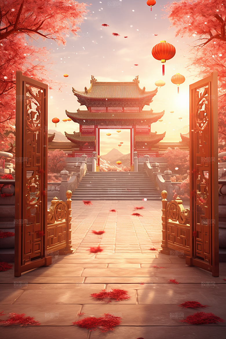 中式传统门楼开业大吉国潮背景图