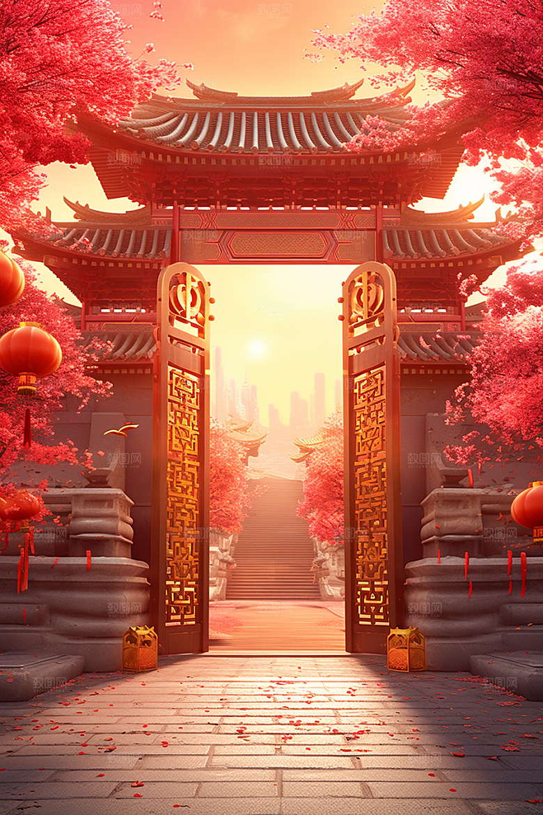 中式传统门楼直播促销背景图