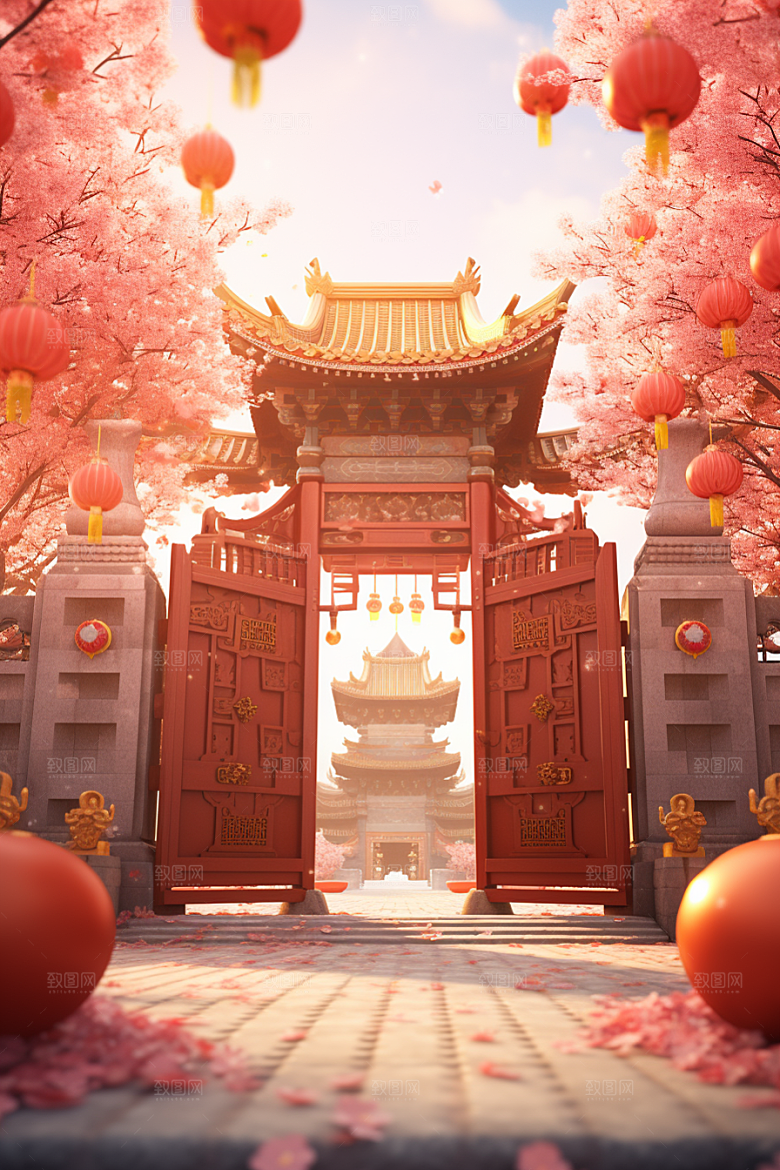 中式传统门楼开业大吉促销背景图