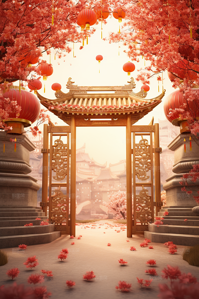 中式传统门楼火热中国风背景图
