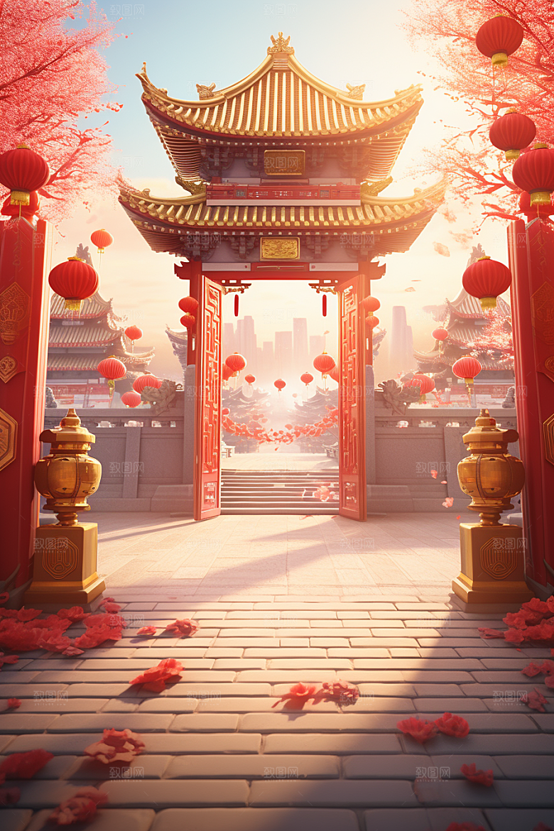 中式传统门楼火热开门红背景图